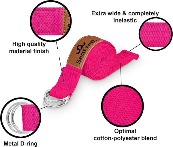 Seatwith Yoga Stretching Strap Pink, Includes Bag & Training Guide