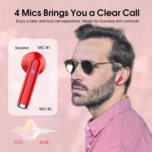 OYIB Mini Bluetooth 5.3 Wireless Earbuds HiFi, ENC Mic, Touch, USB-C, Deep Red