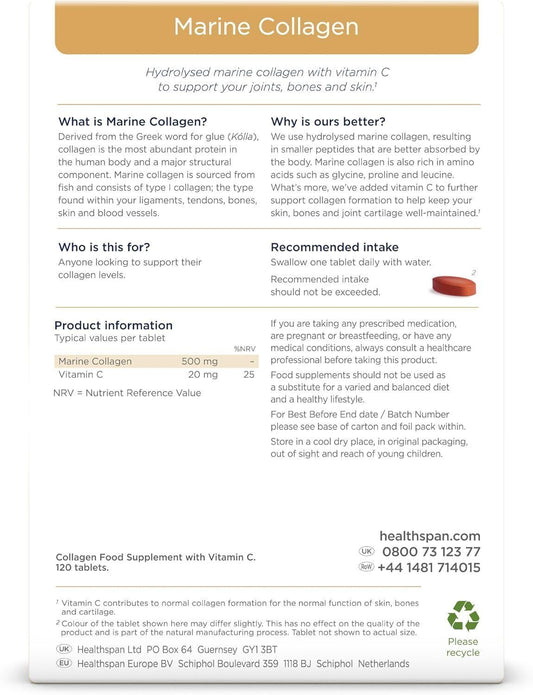 Healthspan Marine Collagen Tablets  500mg Hydrolysed Type I Marine Collagen