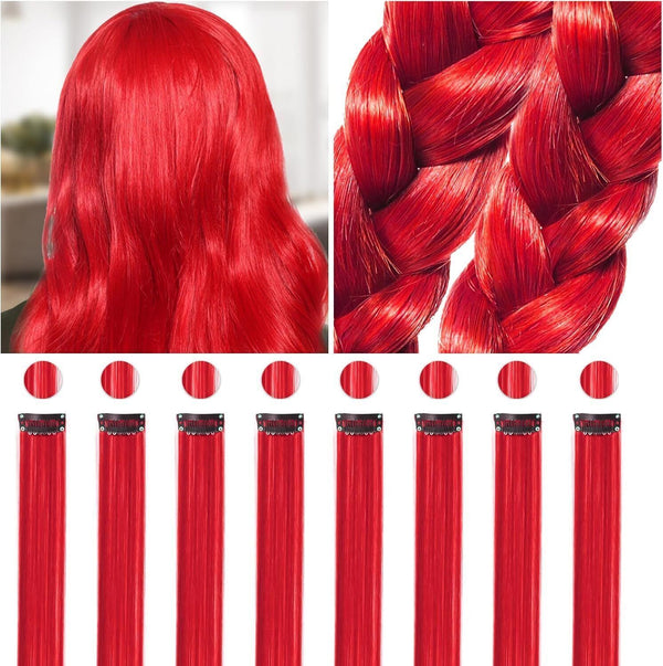 20-Pack Red Clip-In Hair Extensions - 55cm/22in Straight for Girls & Women