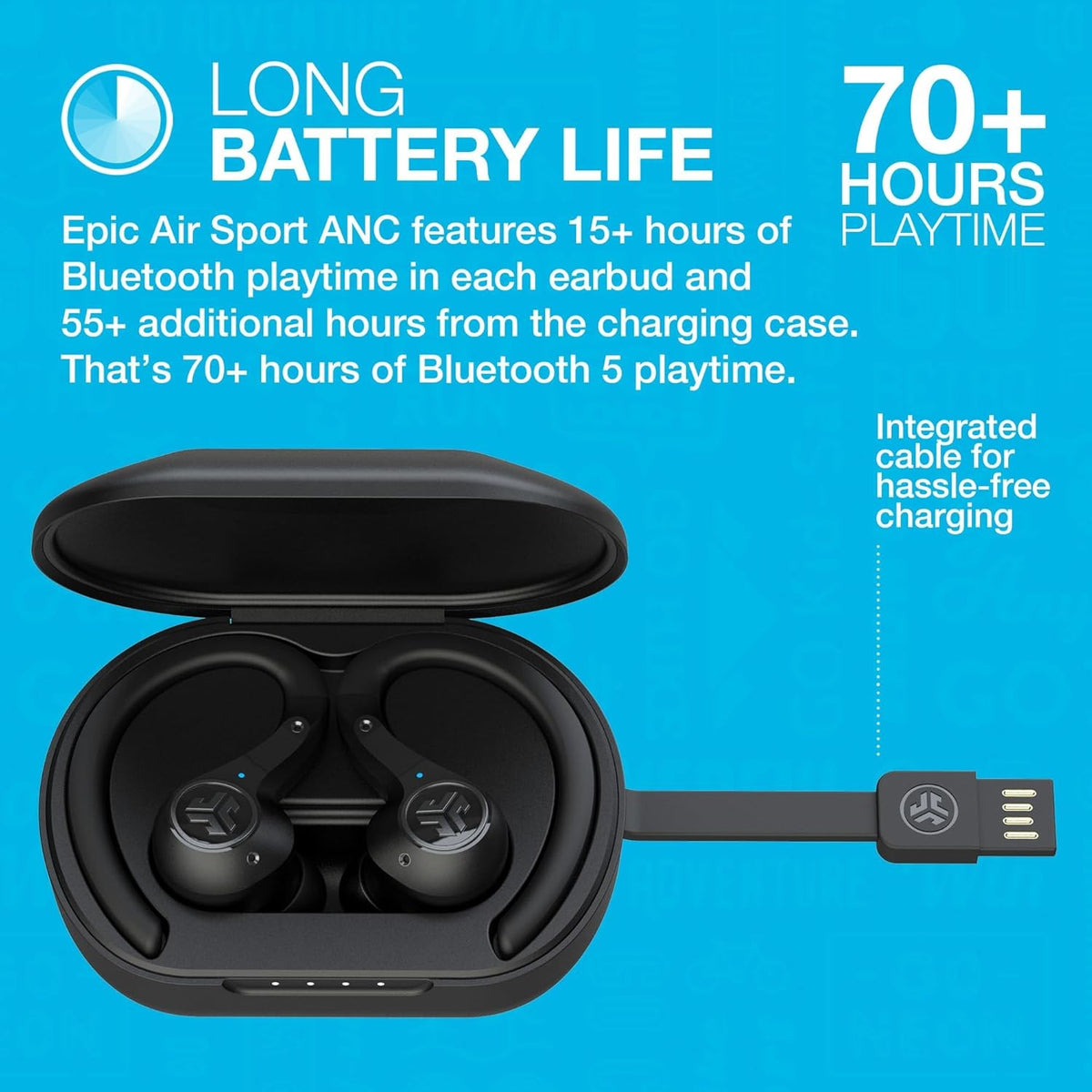 JLab Epic Air Sport ANC Active Noise Cancelling Earbuds, Wireless - Black