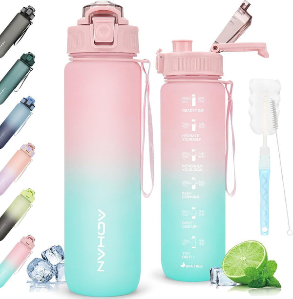 AOHAN 1L Leak-Proof Tritan Water Bottle Motivational Sports Bottle Pink Cyan