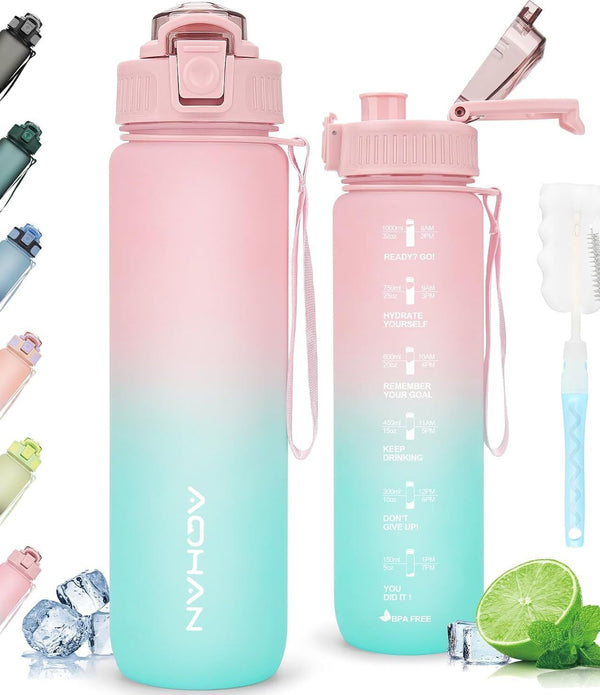 AOHAN 1L Leak-Proof Tritan Water Bottle Motivational Sports Bottle Pink Cyan