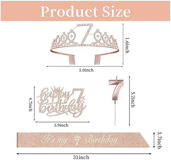 7th Birthday Decorations for Girls, Sash, Crown, Candle & Cake Topper Set