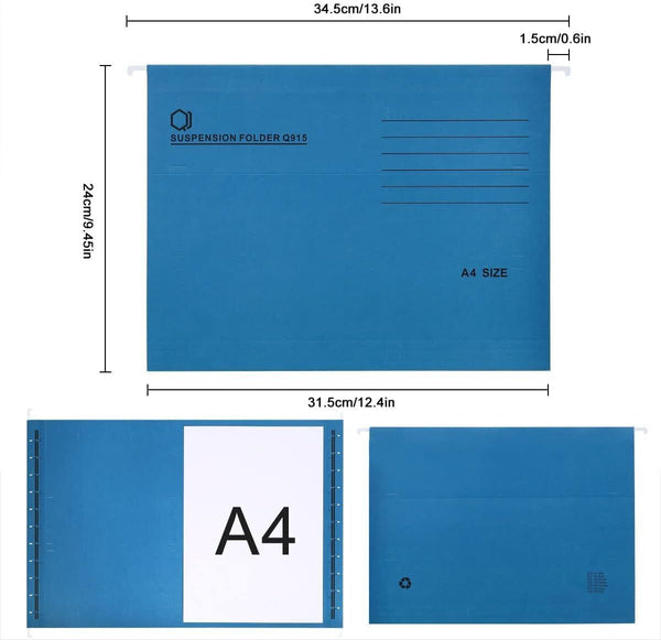 A4 Suspension Files - 25 Recycled Hanging Filing Dividers with Tabs, Blue