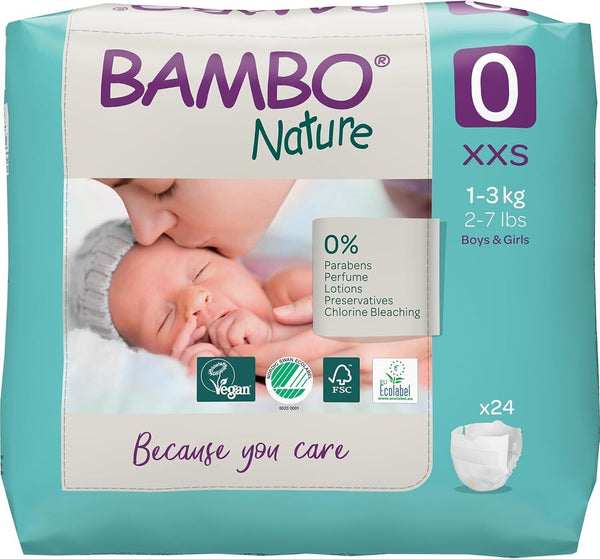 Bambo Nature Eco Nappies Premature Size 0 XXS Pack of 24  2-7lb, Premium