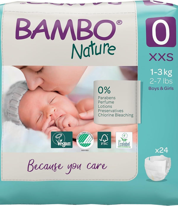 Bambo Nature Eco Nappies Premature Size 0 XXS Pack of 24  2-7lb, Premium