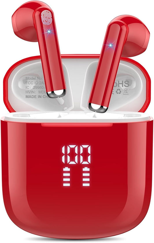 OYIB Mini Bluetooth 5.3 Wireless Earbuds HiFi, ENC Mic, Touch, USB-C, Deep Red