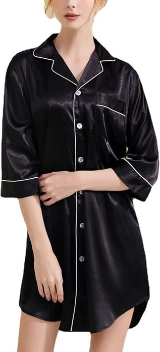 Women's Satin Boyfriend Nightshirt, Button-Down, Pockets, Sleepwear, Black, XXL