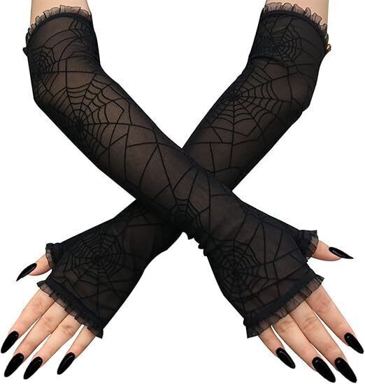 Lusiaina Halloween Black Lace Gloves, Cosplay Spider Web Pattern, Women’s Gloves