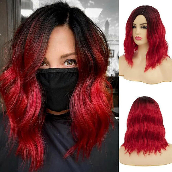 Baruisi Ombre Red Wig Short Curly Bob Synthetic Dark Roots Side Part