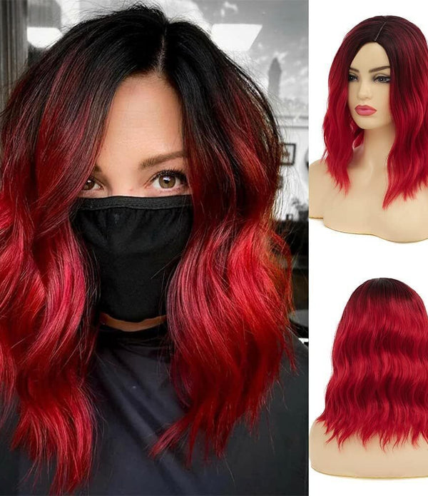 Baruisi Ombre Red Wig Short Curly Bob Synthetic Dark Roots Side Part