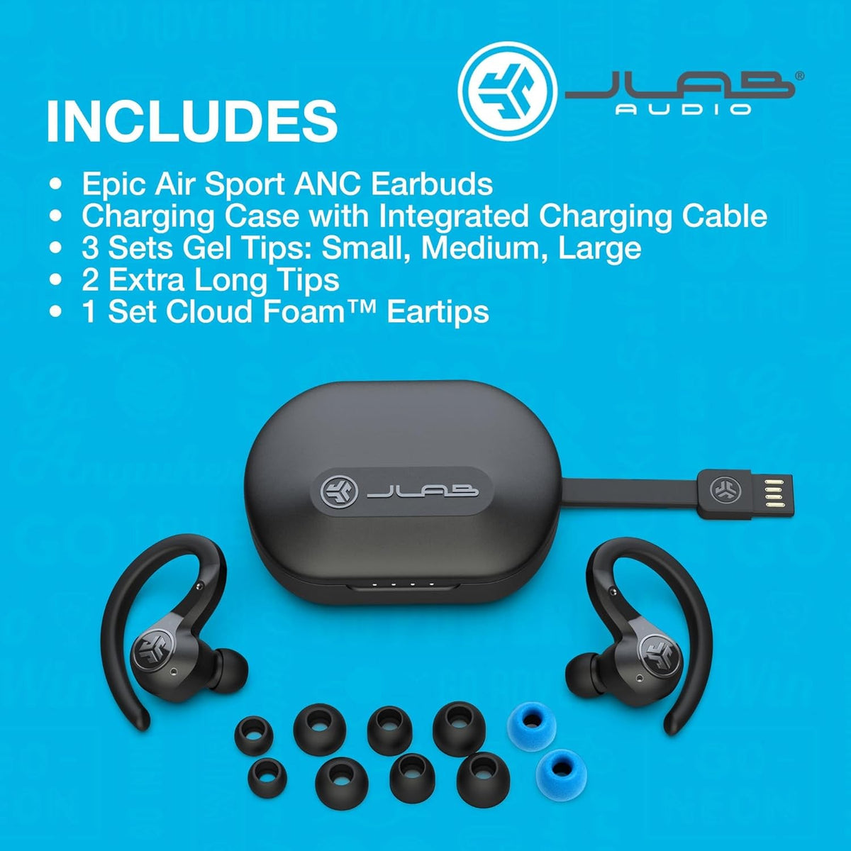 JLab Epic Air Sport ANC Active Noise Cancelling Earbuds, Wireless - Black
