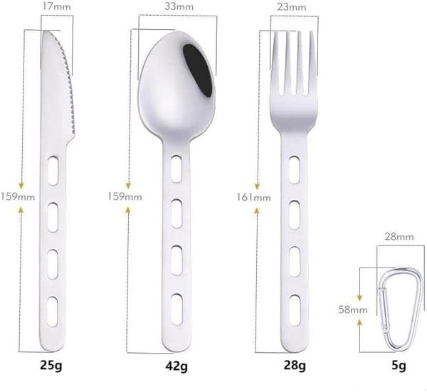 3-Pc Camping Stainless Steel Cutlery Set with Carabiner, QQ CAT, Travel Kit