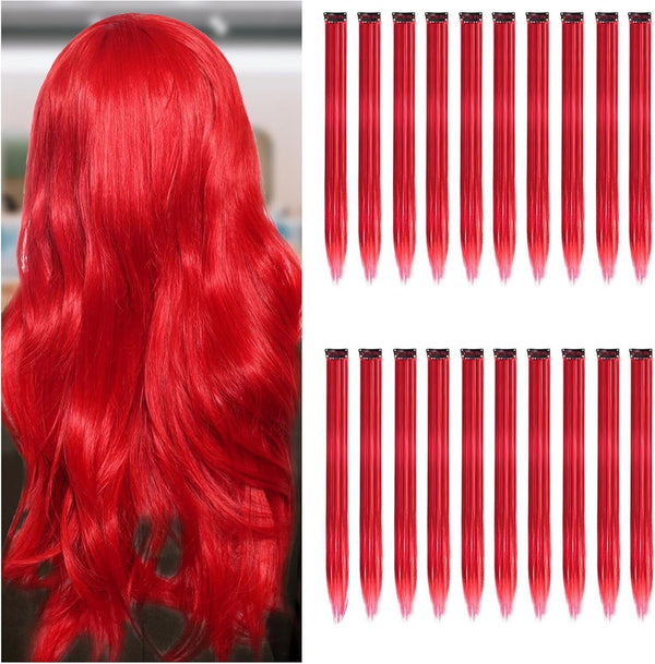 20-Pack Red Clip-In Hair Extensions - 55cm/22in Straight for Girls & Women