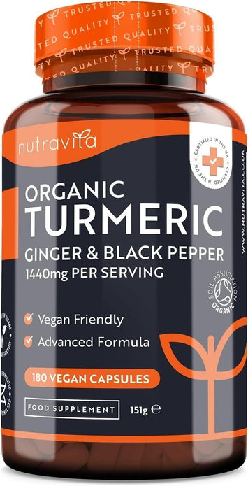 Organic Turmeric (Curcumin) + Ginger 1440mg   180 Vegan Capsules   Joint Care