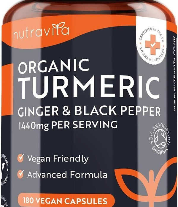 Organic Turmeric (Curcumin) + Ginger 1440mg   180 Vegan Capsules   Joint Care