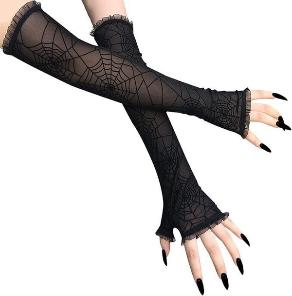 Lusiaina Halloween Black Lace Gloves, Cosplay Spider Web Pattern, Women’s Gloves