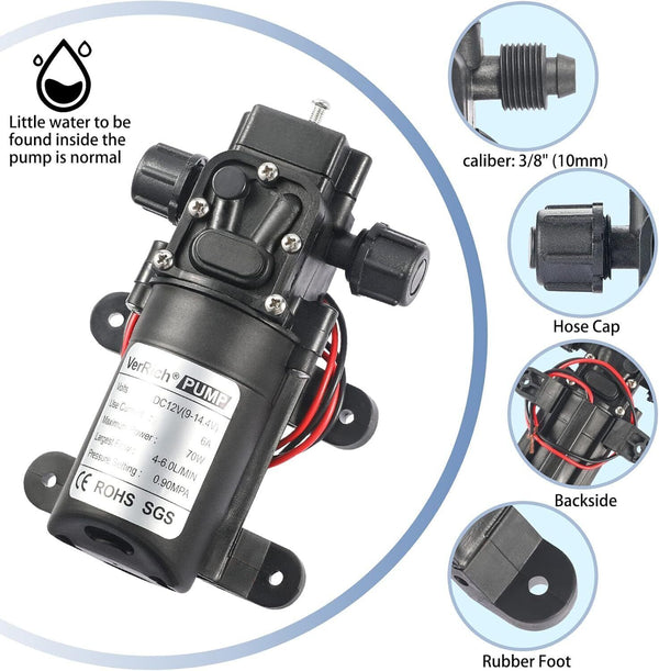 VerRich 12V Diaphragm Water Pump 70W 6L/Min 0.9MPA M18 Connector