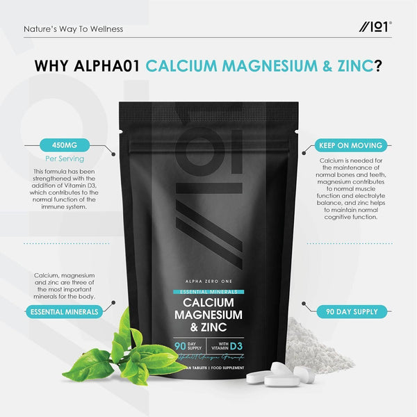 Cal-Mag-Zinc + D3 90 Veg Caps by Alpha01, BBE 07/26