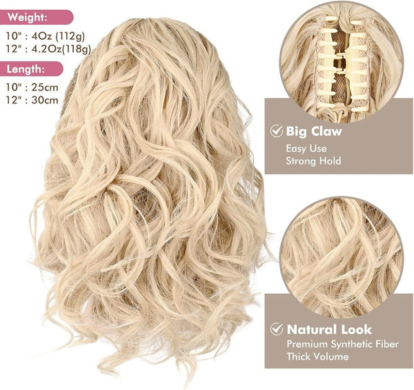 Claw Clip in Ponytail Hair Extensions, 12 Inch Short Curly Hairpiece Cool Blonde