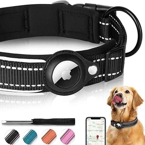 Airtag Dog Collar - Reflective Nylon, Adjustable, Large Black