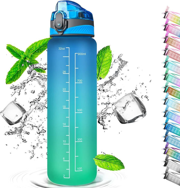 Auckpure Sports Water Bottle 1 Litre - Time Markings with Straw - Green/Blue