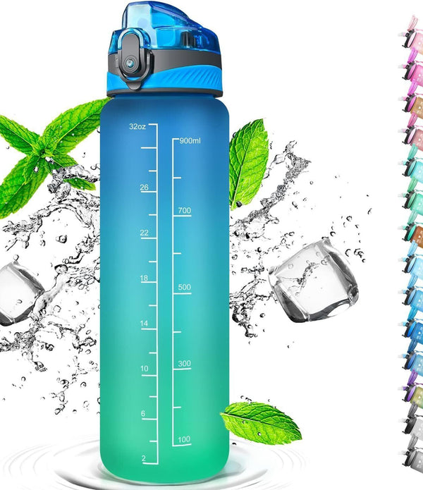 Auckpure Sports Water Bottle 1 Litre - Time Markings with Straw - Green/Blue