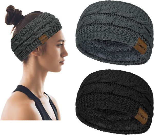 2x Winter Cable Knit Ear Warmer Headbands Thermal Twist - Black/Grey