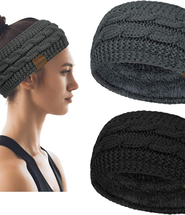 2x Winter Cable Knit Ear Warmer Headbands Thermal Twist - Black/Grey