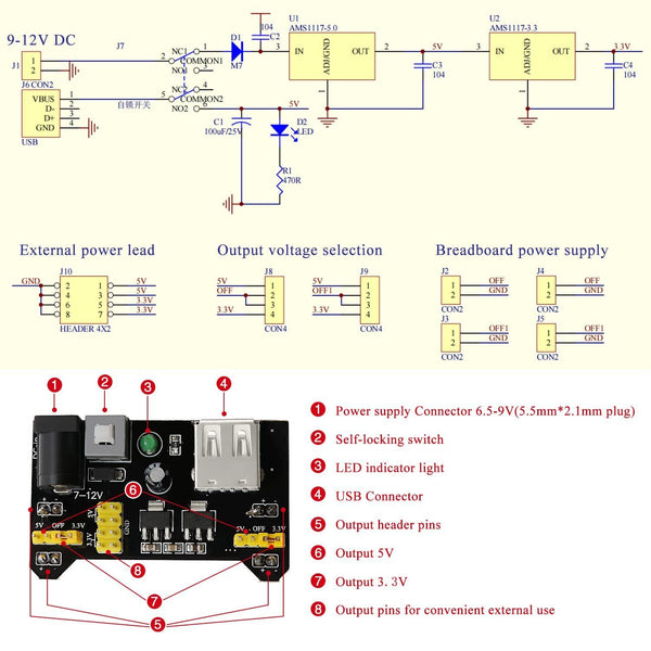 VooGenzek 4 PCS 3.3V/5V Solderless Breadboard Power Supply Module DC 6.5-12V USB