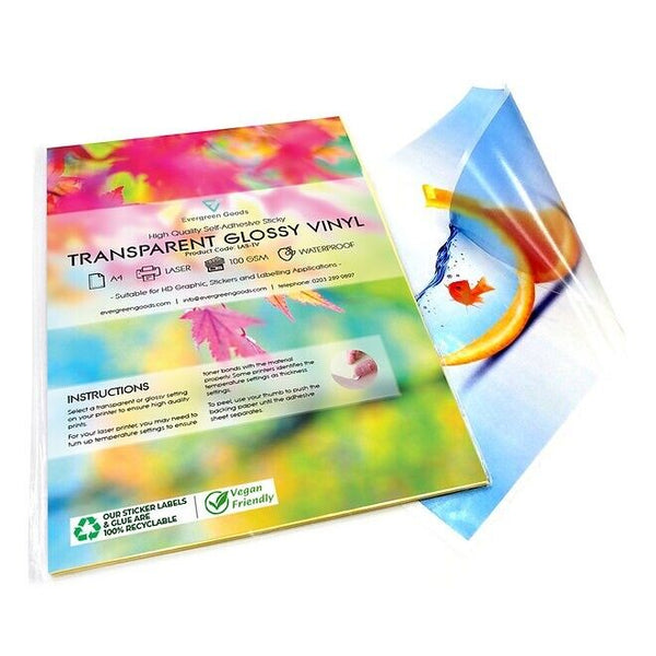 Transparent Glossy Vinyl Sticker Paper for Printing Laser Printers Only, 50 Pack