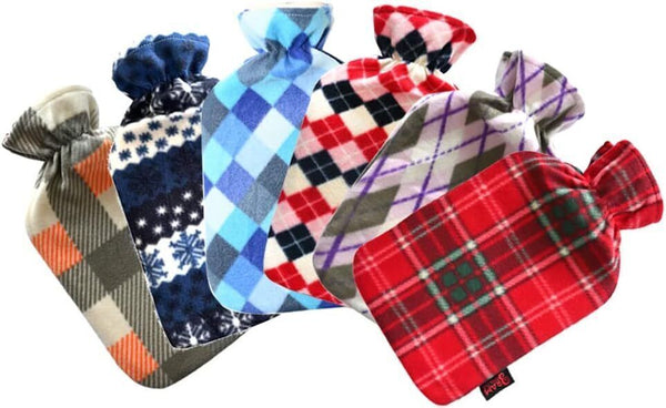 Large 2L Hot Water Bottle with Soft Fleece Cover, Blue Check