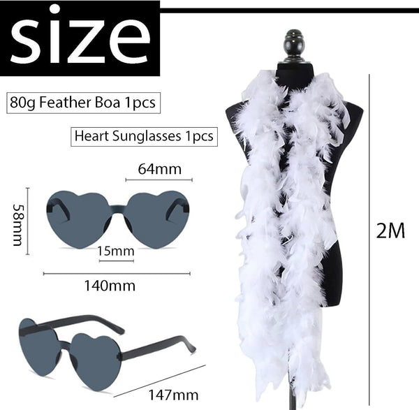 2pcs Feather Boas & Heart Rimless Sunglasses Set for Girls Women Party Costume