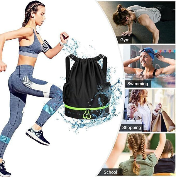 RYACO Drawstring Backpack Sports Gym Bag, Water Resistant with Zipper Pockets