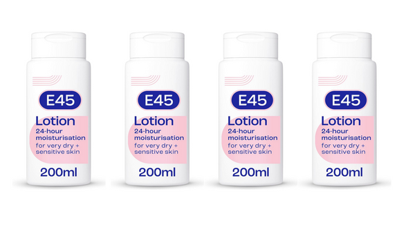 4 PACK E45 Dermatological Moisturising Lotion 4x200ml Skin Moisturiser Multipack