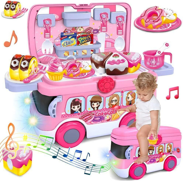 VATOS 3-in-1 Play Food Kitchen Set - Tea Set, Car Truck, Storage Box for Girls