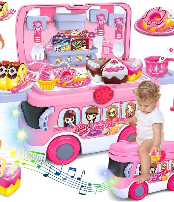 VATOS 3-in-1 Play Food Kitchen Set - Tea Set, Car Truck, Storage Box for Girls
