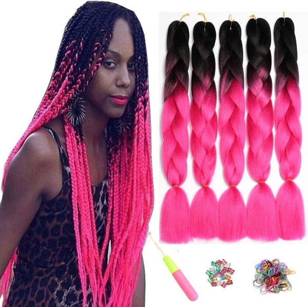 5 Packs Ombre Jumbo Braid Hair Extension Black/Rosy Kanekalon  African Braid 24"