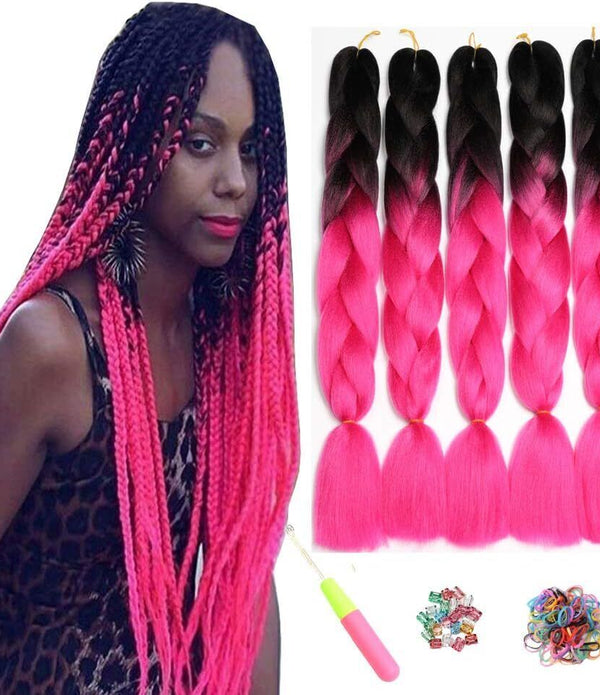 5 Packs Ombre Jumbo Braid Hair Extension Black/Rosy Kanekalon  African Braid 24