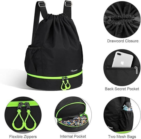 RYACO Drawstring Backpack Sports Gym Bag, Water Resistant with Zipper Pockets