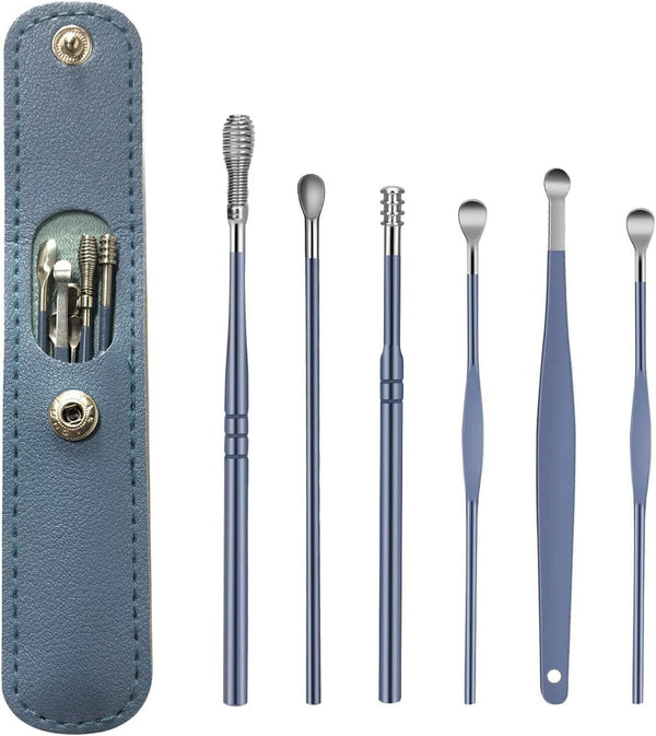 6pc Stainless Steel Ear Wax Removal Kit Ear Curette Cleaner w/Portable Bag Blue