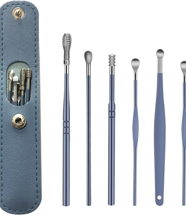 6pc Stainless Steel Ear Wax Removal Kit Ear Curette Cleaner w/Portable Bag Blue