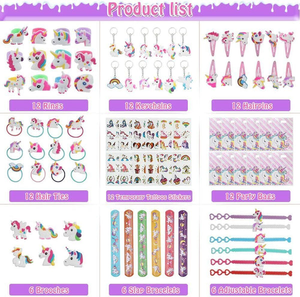 Anpro Unicorn Party Bag Fillers 90pcs - Hairpins, Slap Bracelets & Tattoos