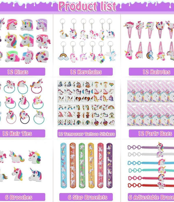 Anpro Unicorn Party Bag Fillers 90pcs - Hairpins, Slap Bracelets & Tattoos