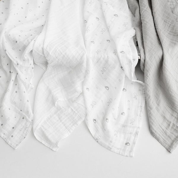Little Seeds Baby Muslin Blankets Organic Cotton 70x70cm 4 Pack White Grey Stars
