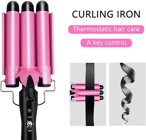 3 Barrel Hair Curler Crimper Waver Wand for Long Hair 25MM Pink