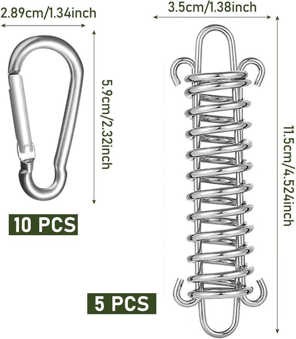 5 Buffer Springs & 10 Silver Carabiners Camping Tent Tension Spring Buckles Set