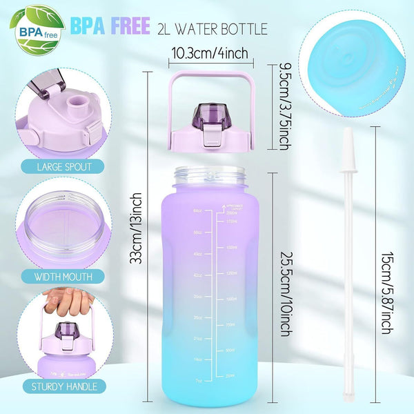 2L BPA-Free Water Bottle, Sports Jug with Time Marking & Leak-Proof Handle