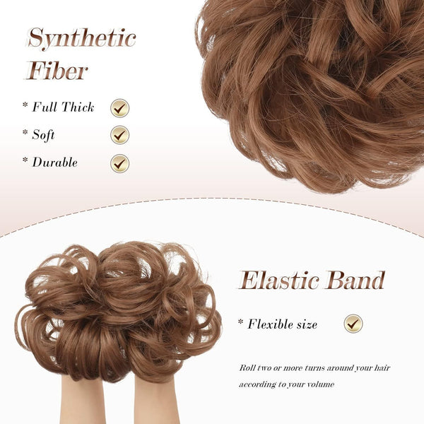 FESHFEN Messy Bun Hair Scrunchie, Thick Curly Synthetic, Light Auburn